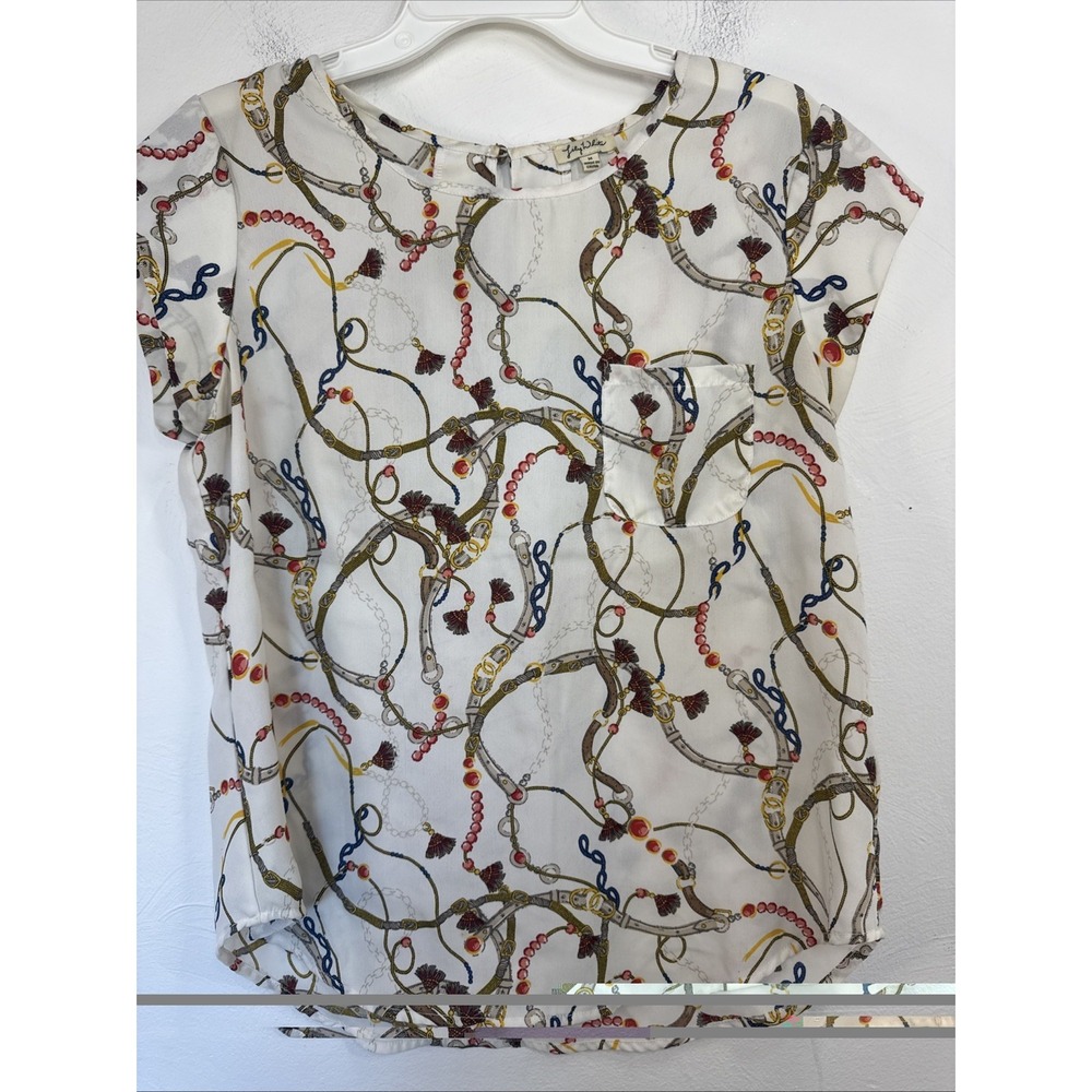 Lily White Women's Cream Chains/Tassels Short Sleeve Blouse Size M Mob Wife